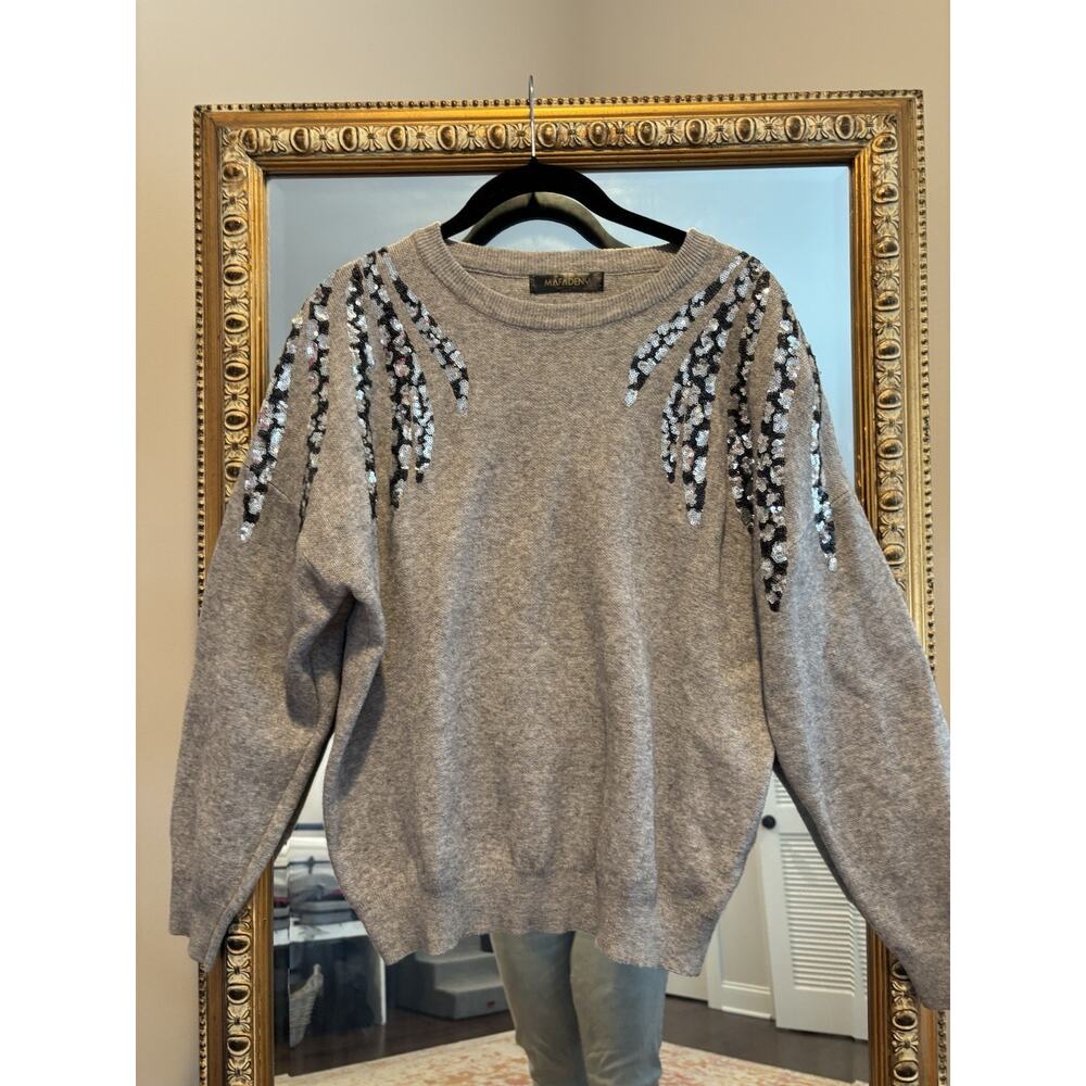 Soft, Sequin Embellished Gray Sweater, Mafadeny, M